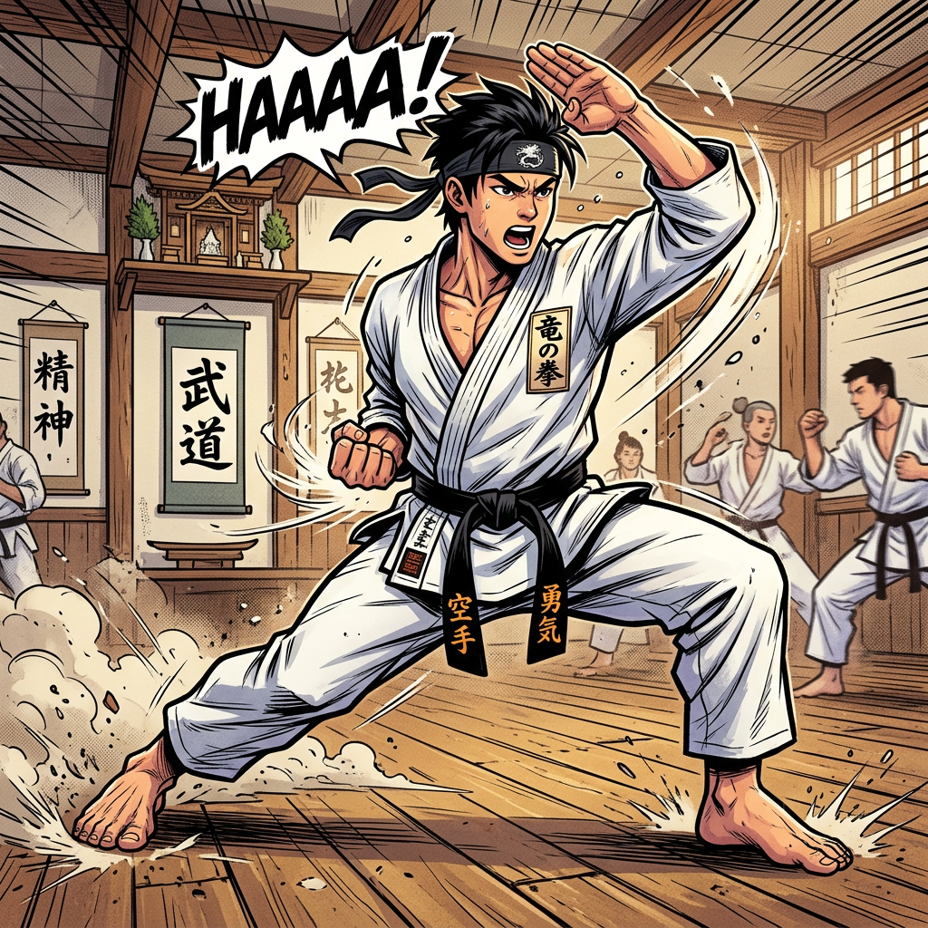 Martial artist in white gi shouting HAAAA and striking in a dojo with others training in background