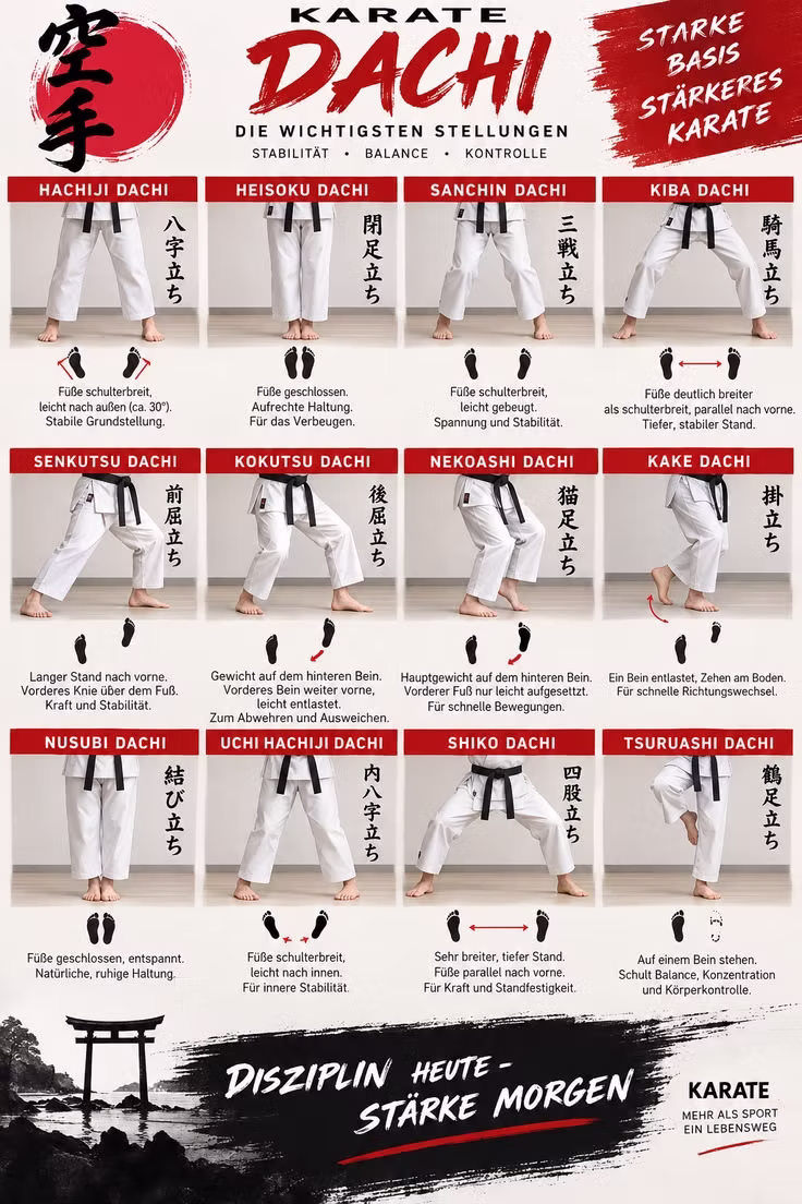 Übersicht mit zwölf Karate-Stellungen und ihrer Fußausrichtung